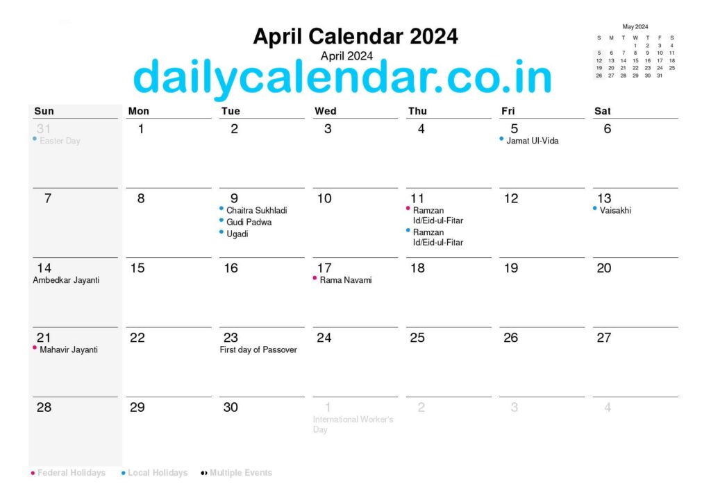 April 2024 Calendar With Holidays India [Hindu Calendar] PDF