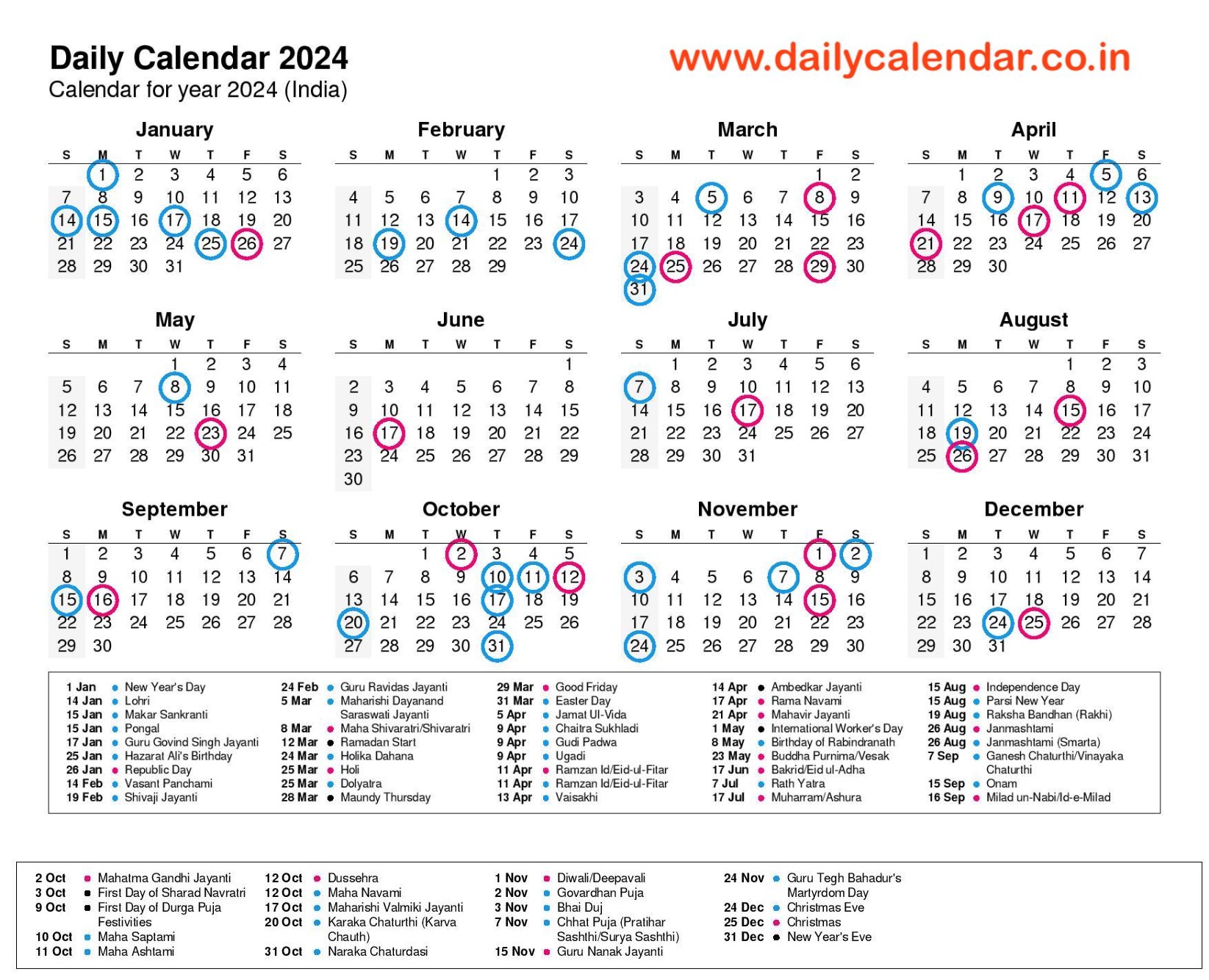 Daily Calendar 2024 with Holidays (Govt, Tamil, Telugu, Odia) Pdf