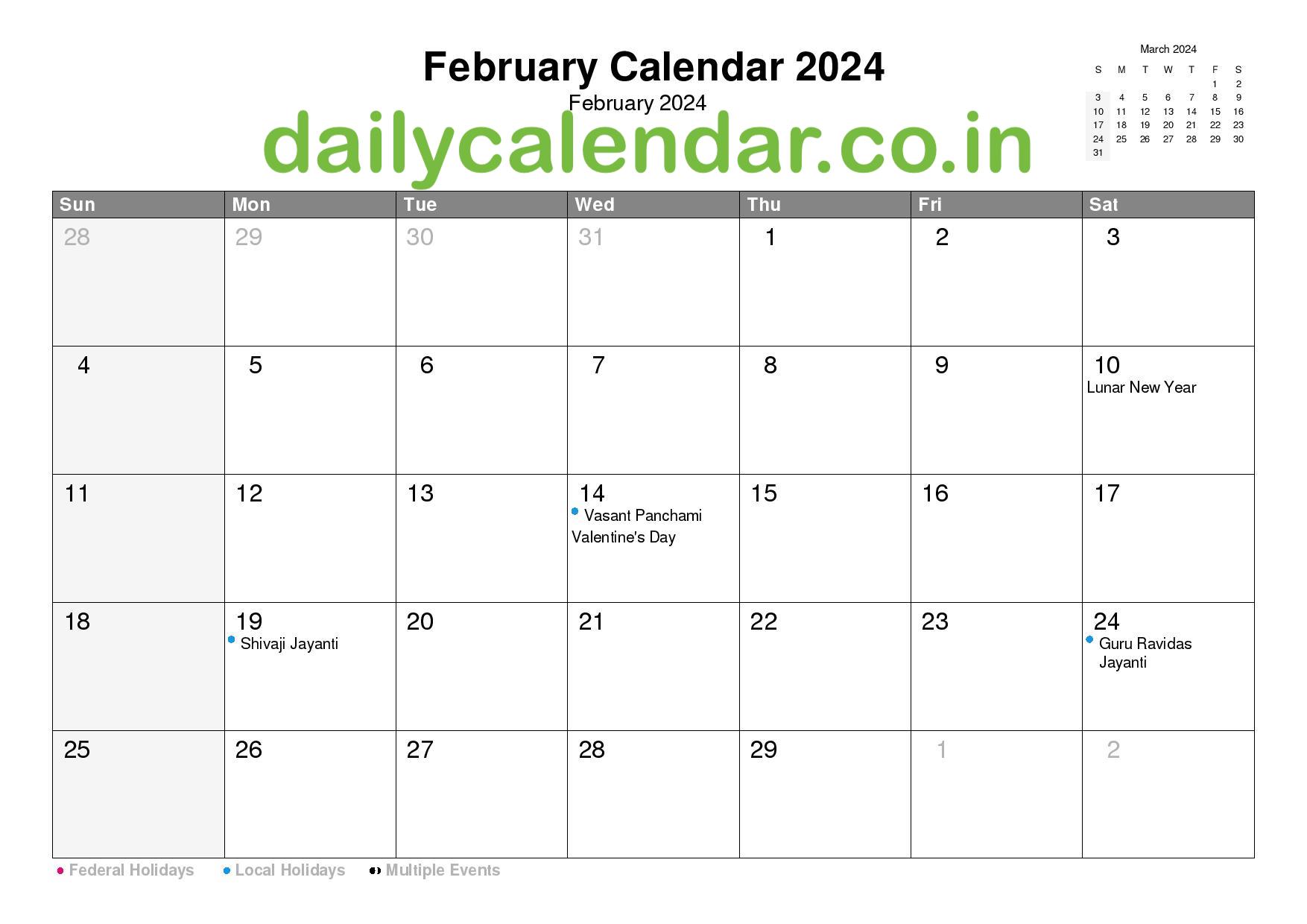  Feb 2024 Leap Year February 2024 Calendar With Holidays India