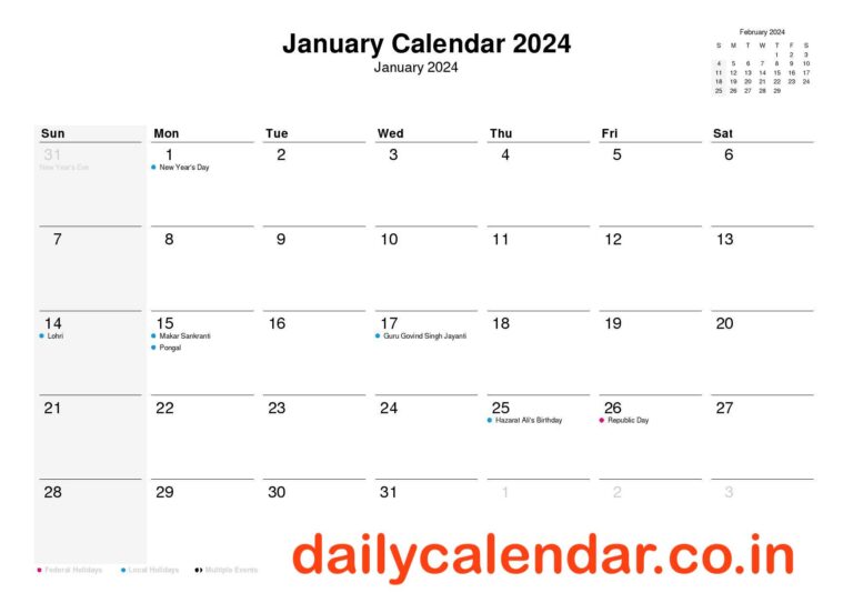 [Hindu] January 2024 Calendar with Holidays India {Current Affairs}