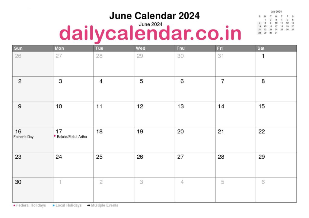 June (Month) 2024 Calendar with Holidays India, Check Events