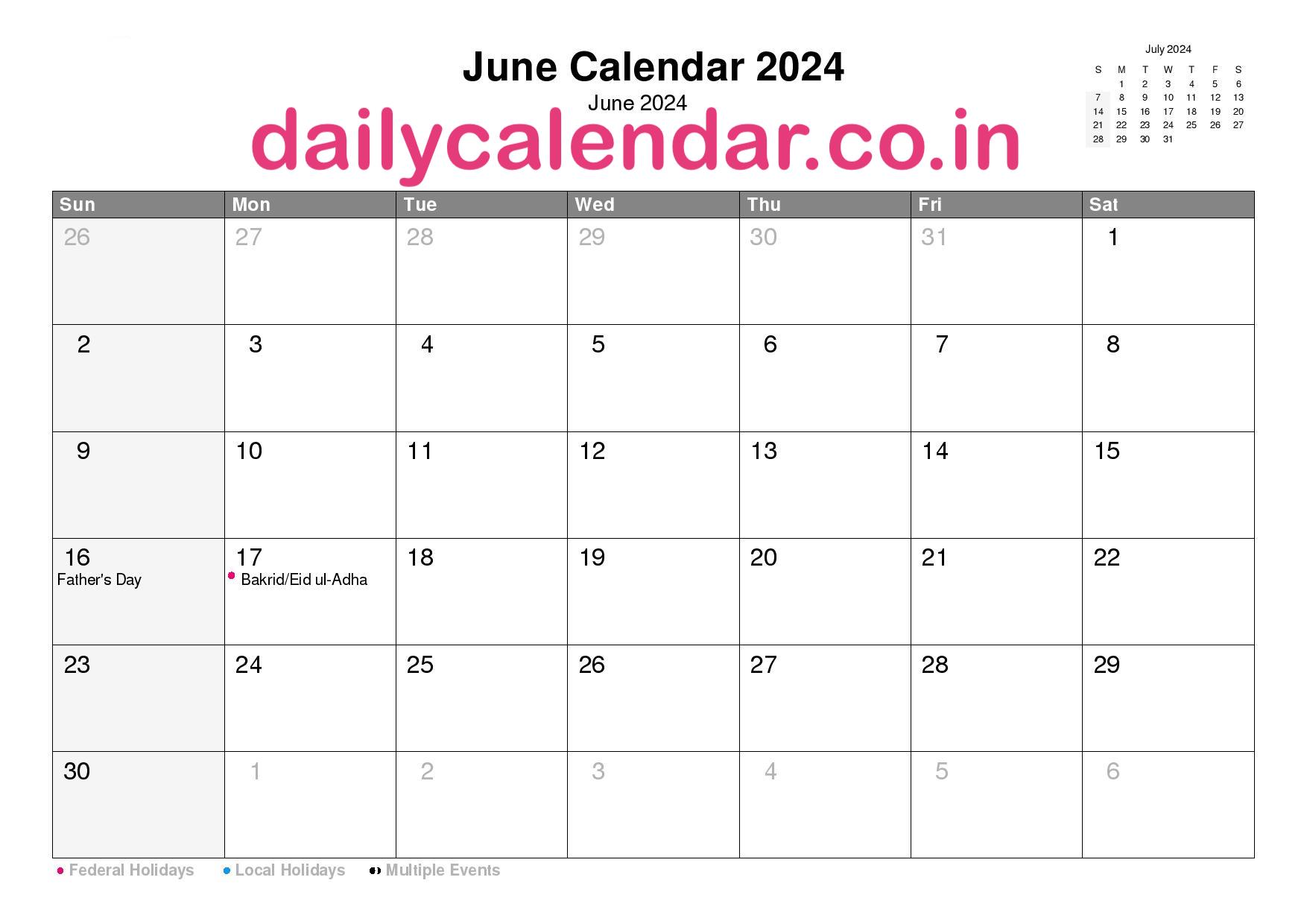 June (Month) 2024 Calendar with Holidays India, Check Events