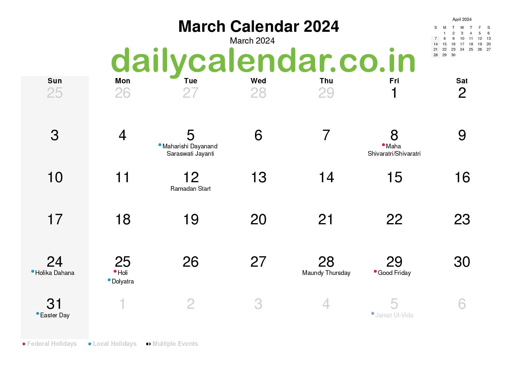Calendar 2024 March Holi Irene Leoline