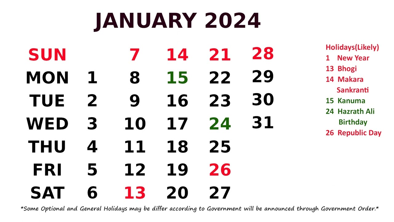 Govt Calendar 2024 : Government Holidays Calendar India Pdf